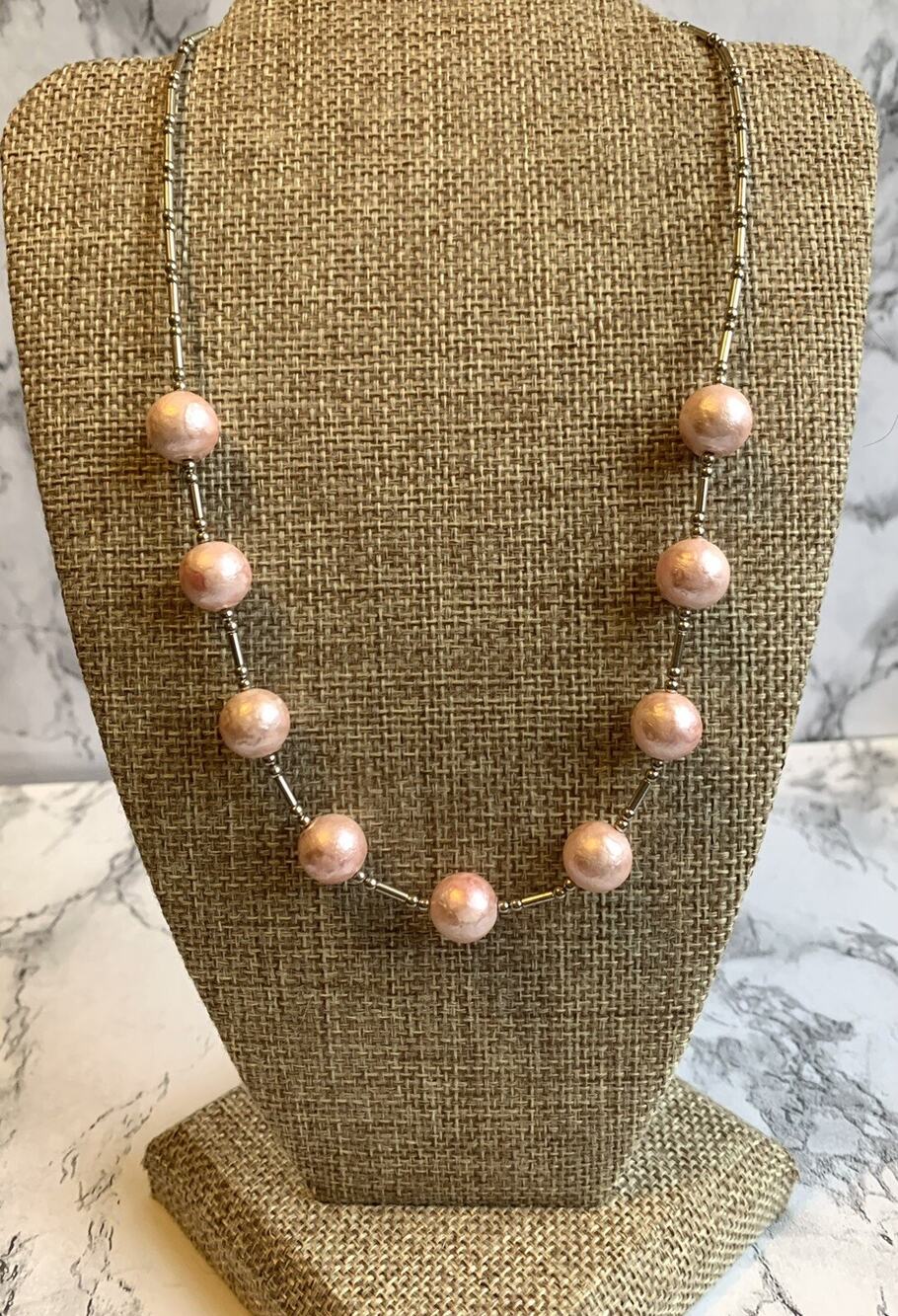 Vintage Kissaka Baby Pink Faux Pearl Silver Tone Choker Necklace Signed 14"